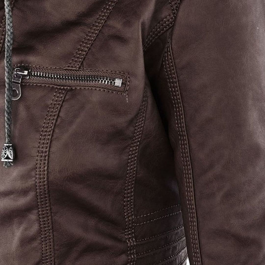 Men’s PU Leather Jacket with Hood – Stylish & Warm for Fall and Winter