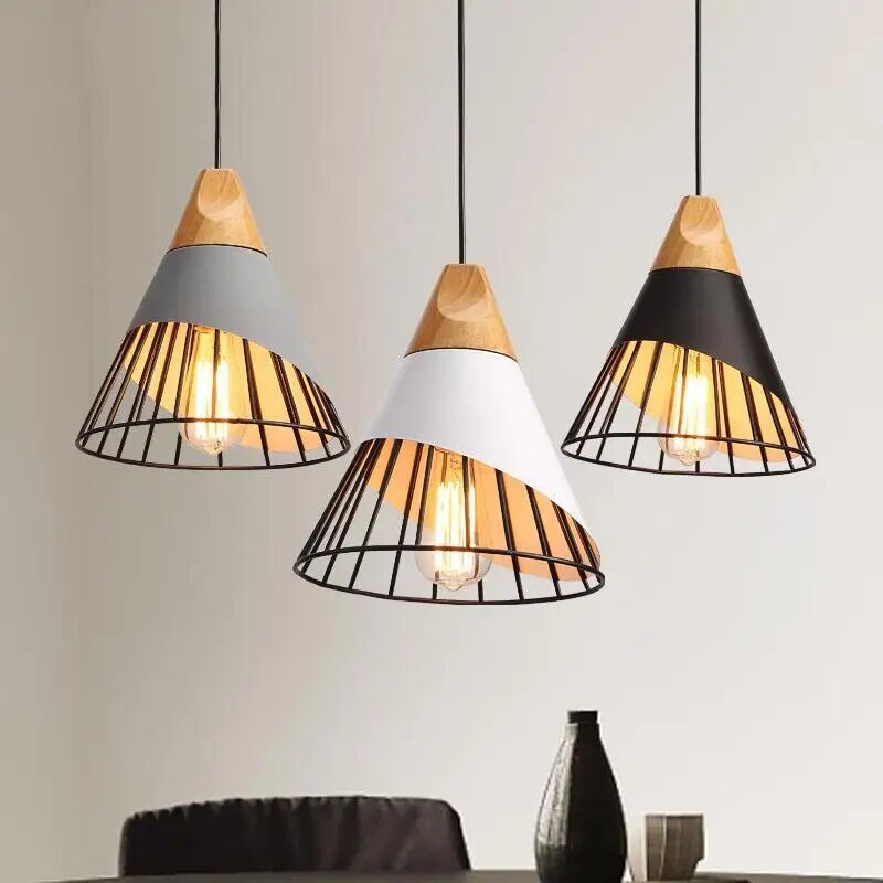 Hunaroglo LED Pendant Light – Modern Hanging Lamp (E27, Iron & Wood, 25cm x 35cm, 85-260V)