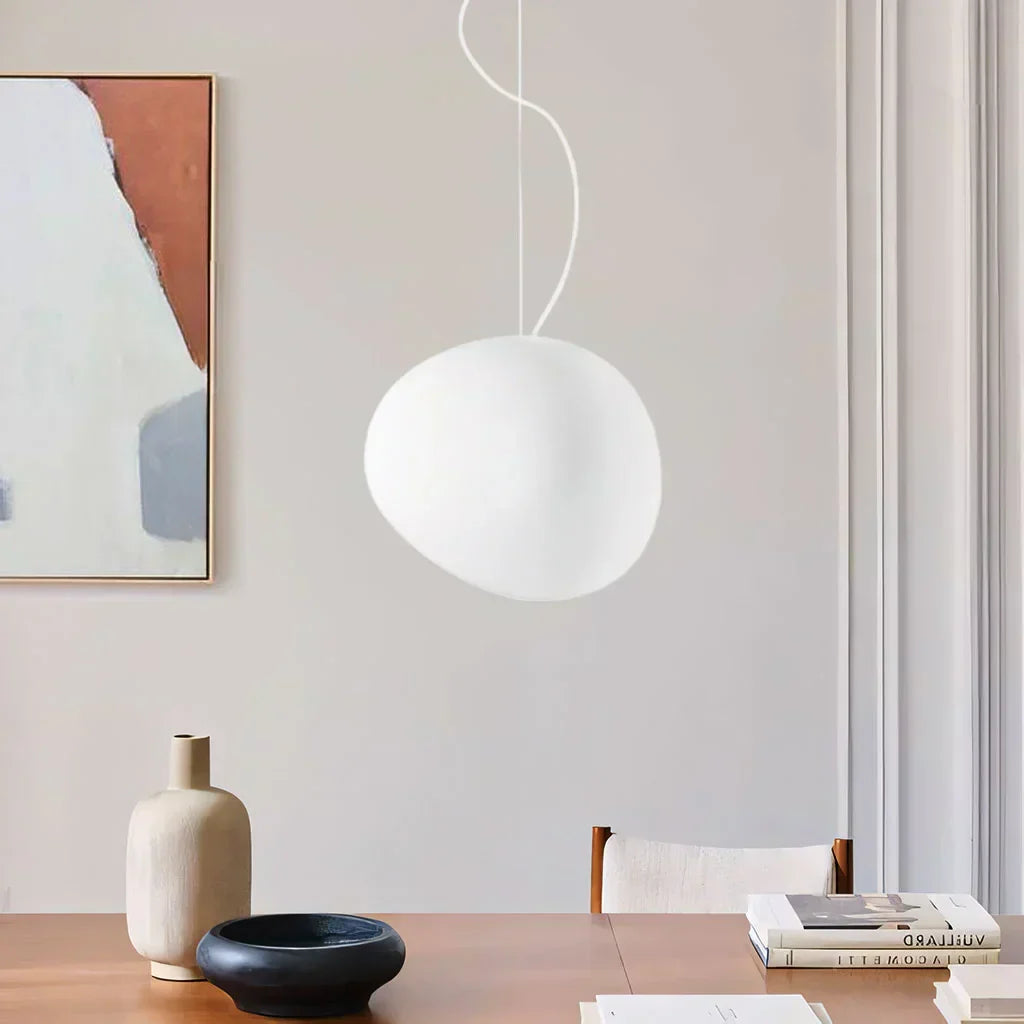 Pebble-Shaped Pendant Light – Minimalist Milk Glass Ceiling Lamp